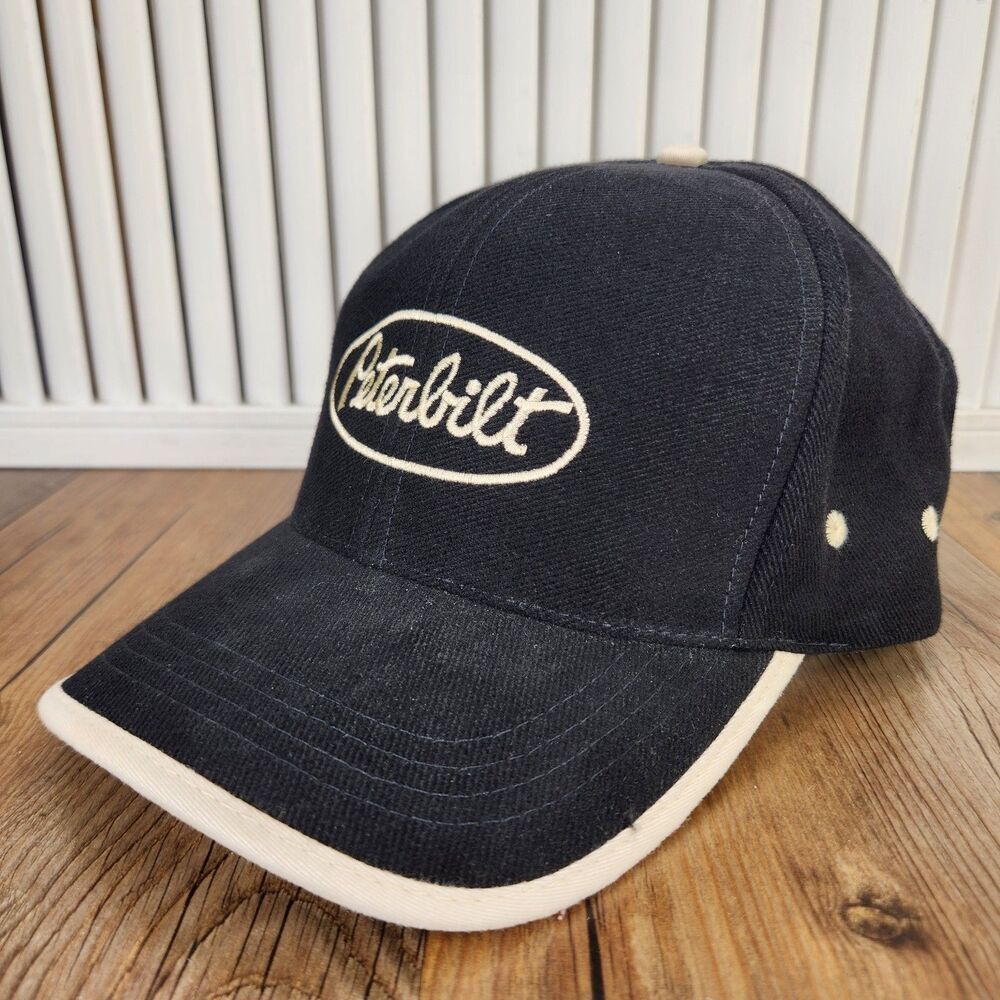 VTG Peterbilt Strapback Hat Black Cream Embroidered Logo Cap Trucking CYRK Brand